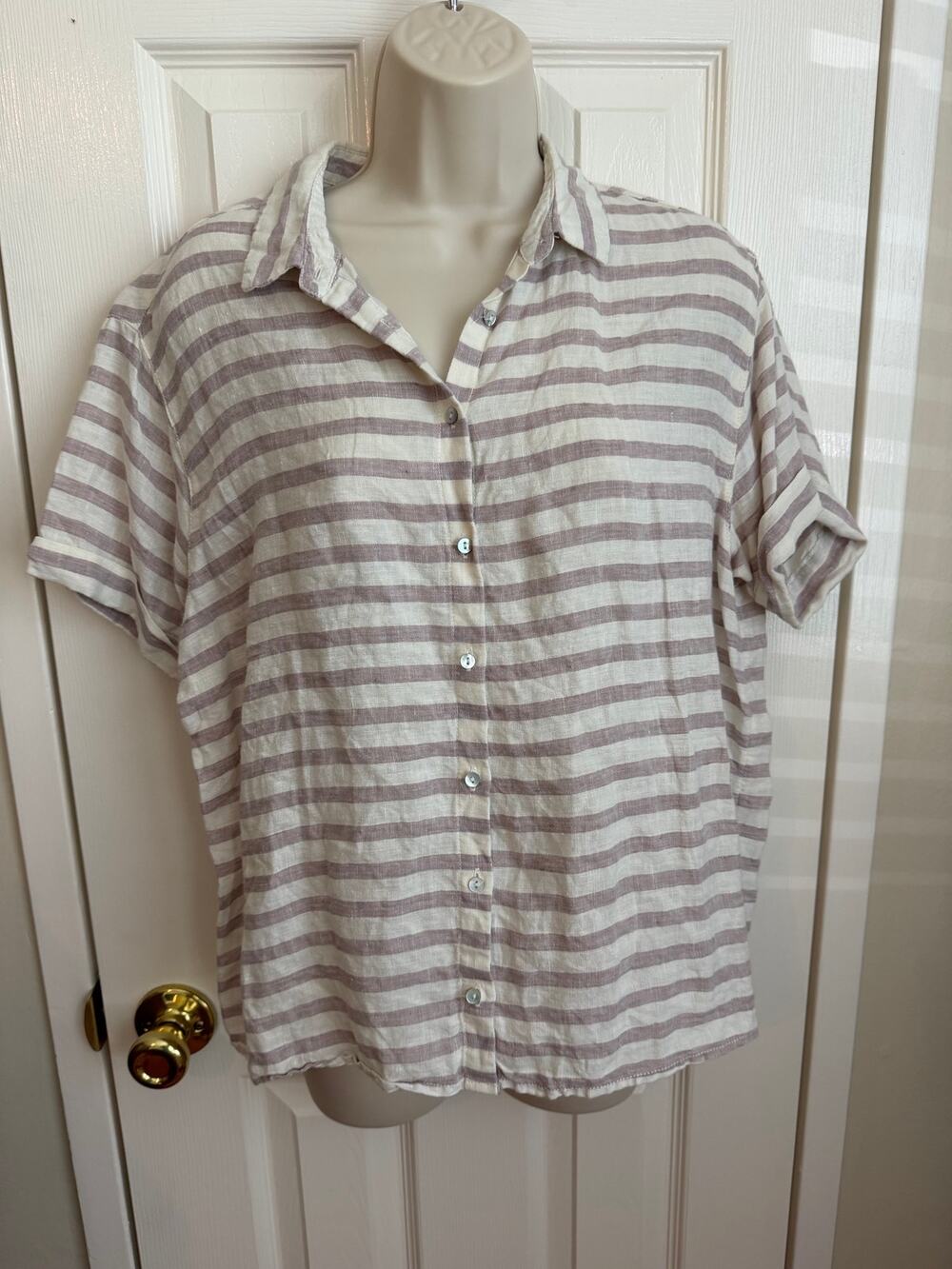 Women's Striped Top 100% Linen Purple White Womens Medium Rachel Zoe Button Down